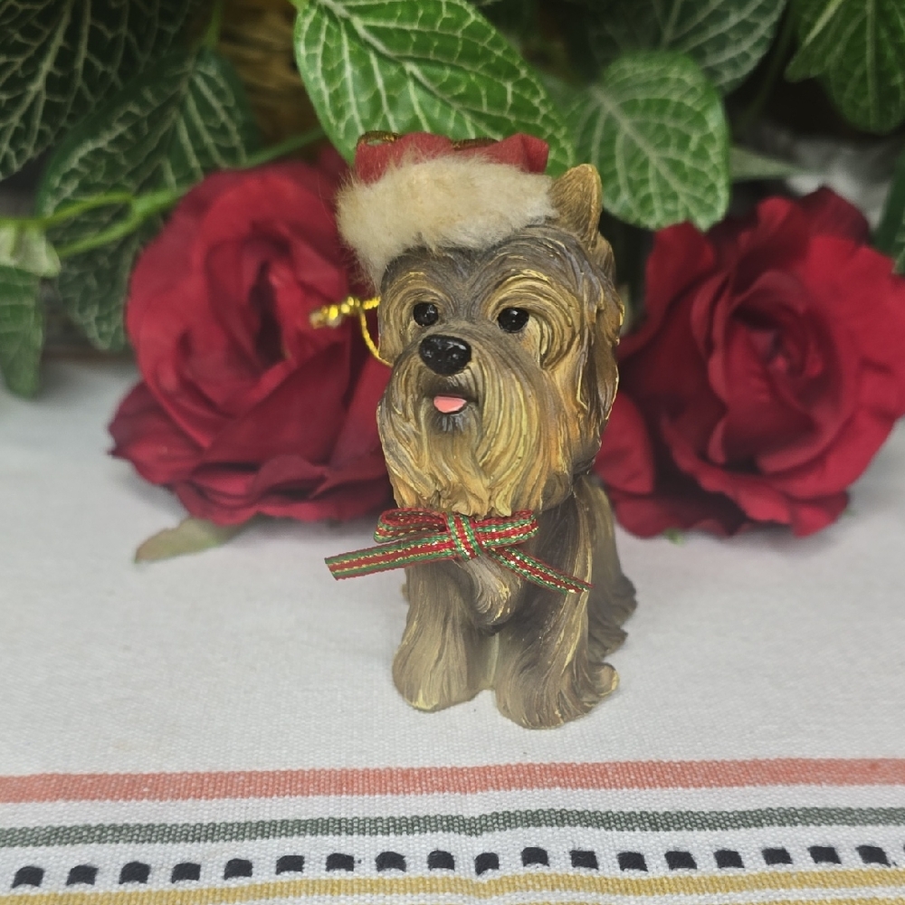 Vintage Yorkie Figurine In a Santa Hat, Christmas, Holiday Decor